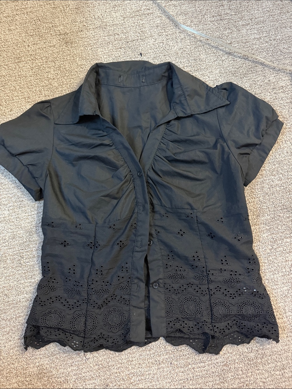 Black Short Sleeve Button Up Top